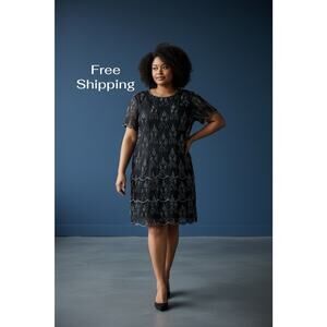 Sténay Black Beaded Short Sleeve Dress Size 16 084-V02